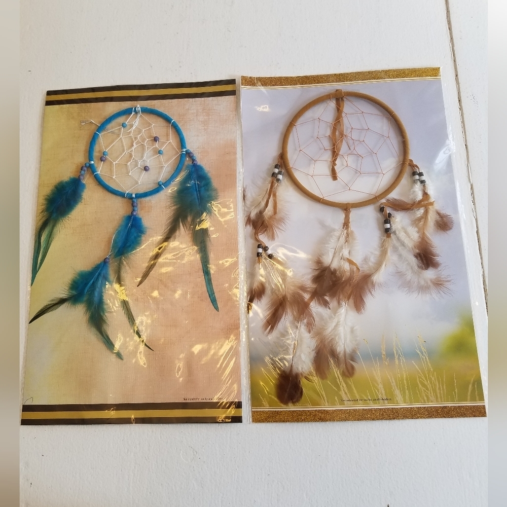 New Sealed Set of 2 Lakota Dreamcatcher Blue and Brown Large